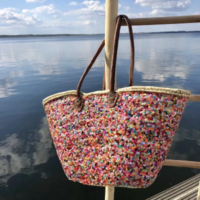Afbeelding van Bohemida Luxe Rieten Shopper Bohemian Multi Kleur Strandtas Boodschappentas Mandtas Boodschappenmand