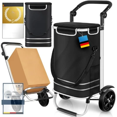 Afbeelding van Opvouwbare 3 in 1 Boodschappentrolley 56L Met Koelvak Transport Trolley &amp; Winkeltas Stevig Duurzaam Zwart