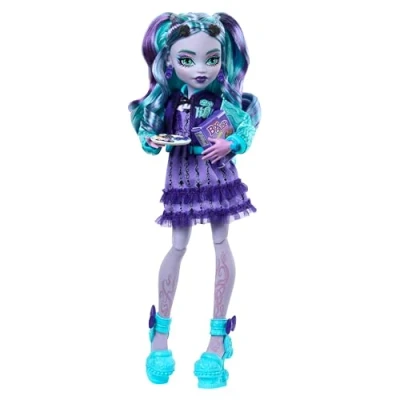 Afbeelding van Monster High Fearbook Twyla Pop en Accessoires, set met spelletjesclub als thema, schooljack, jaarboek, bordspel koekjes, HXW31