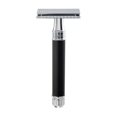 Afbeelding van Edwin Jagger Scheermes Razors Double Edge Safety Lined Rubber Coated Handle Ebony Chrome Voor Mannen