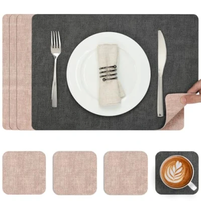 Afbeelding van Myir JUN Lederen Placemat en Onderzetters, Tafelmatten Waterdichte Afveegbare Dubbelzijdige Plaats Matten Koffiematten Antislip Wasbare Placemats Coaster (Grijs Roze, Sets 4)