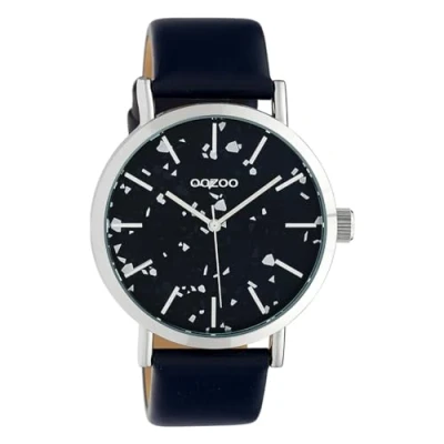 Afbeelding van OOZOO Timepieces Zilverkleurige horloge met donker blauwe leren band C10414