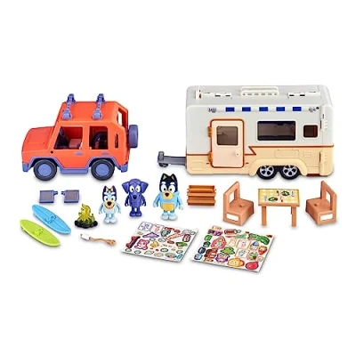 Afbeelding van Bluey Familieset Cruiser + Campervan, speelset, autoset voor de familie, camper, met 3 figuren, 10 accessoires en decoratieve stickers, jaar beroemd (BLY53000)