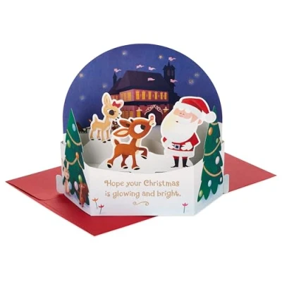 Afbeelding van Hallmark kerstkaart, 3D en pop up kerstman Rudolph, sneeuwbol ontwerp