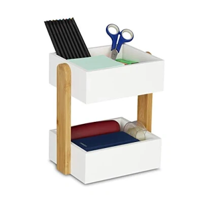 Afbeelding van Relaxdays bureau organizer 2 vakken opbergkastje bureaustandaard bamboe kantoor wit