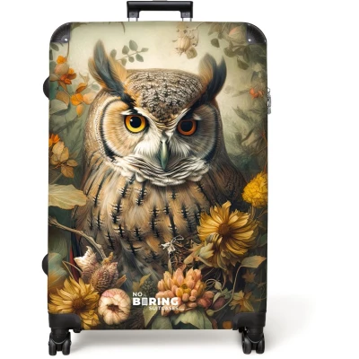 Afbeelding van NoBoringSuitcases.com® Koffer groot Reiskoffer lichtgewicht Portret van een uil tussen gele en oranje bloemen Rolkoffer met 4 wielen Grote trolley XL 98 liter bagage
