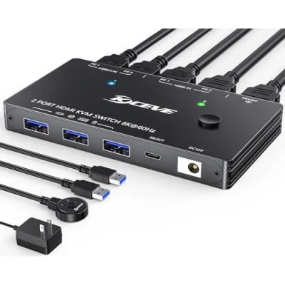 Afbeelding van 8K HDMI KVM Switch 8K@60Hz 4K@120Hz, MLEEDA USB 3.0 2.1 schakelaars voor 2 PC delen 1 Monitor en Toetsenbord, Muis printer, HDCP 2.3, HDR 10, met Kabelafstandsbediening Kabel