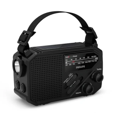 Afbeelding van Philips TAR1609 draagbare FM/AM radio met interne oplaadbare batterij, back up AAA batterij en handslinger, zonne energie, ingebouwde led lamp zaklamp voor kamperen, wandelen stroomuitval