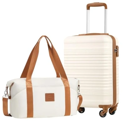 Afbeelding van COOLIFE Cabinekoffer, 55 x 35 20 cm, voor Ryanair luchtvaartmaatschappijen, handbagage, cabinebagage, lichtgewicht, met TSA slot en 4 spinner wielen, wit/bruin., 55X35X20cm Set 2tlg, Suitcase