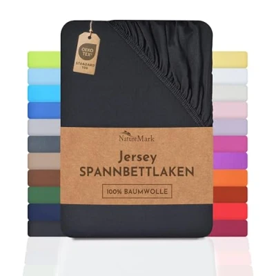 Afbeelding van NatureMark Jersey hoeslaken, 100% katoen, in vele maten en kleuren, merkkwaliteit, Öko Tex standaard 100, 180 x 200 cm tot cm, zwart