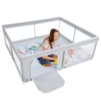 Afbeelding van BEJOY Babybox, 150 cm Compact en Sterk, Schuimbescherming, Antislip Veiligheids Speeltuin met Transparant Ademend Gaas Ronde Ritsdeur Kinder activiteiten centrum voor Baby&#039;s Peuters