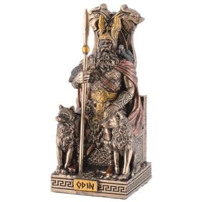 Afbeelding van Germaanse god Odin op de troon, van kunststeen, met bronzen kleur door kunstenaar beschilderd, by Veronese
