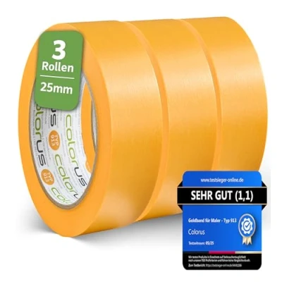 Afbeelding van Colorus 3 x professionele goudband, 25 mm 50 m, zachte tape, schilderstape voor scherpe randen bij het schilderen en lakken, gladde licht gestructureerde ondergronden