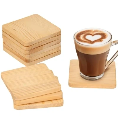 Afbeelding van Belle Vous Onbewerkt Houten Vierkante Onderzetters (12 Pak) L9,3 x B9,3 cm Blank Natuurlijk Vierkanten met Non Slip Schuim Punten DIY Tegels voor Verven, Pyrografie &amp; Scrabble Letters