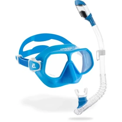 Afbeelding van CRESSI Rombo + Mini Dry Combo Azure Clear/Azure Junior Combiset, Masker en Snorkel, Transparant/Azuur, Eén maat