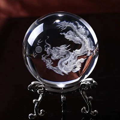 Afbeelding van HDCRYSTALGIFTS 3D Carving Chinese draak Crystal Ball Glas Loong Display Presse papier met zilver vergulde bloeiende standaard, 60 mm