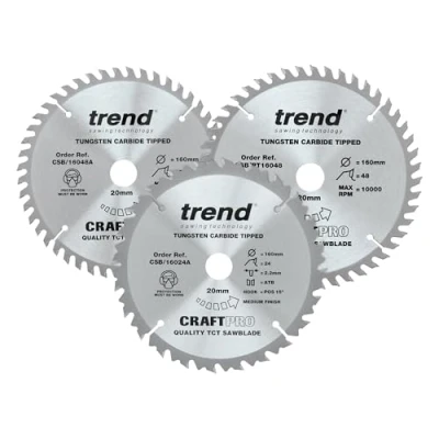 Afbeelding van Trend CraftPro driepak TCT cirkelzaagbladen 160 mm, bevat de CSB/16024A, CSB/16048A, en CSB/PT16048A, wolfraamcarbide getipt, CSB/160/3PK/A, set van 3