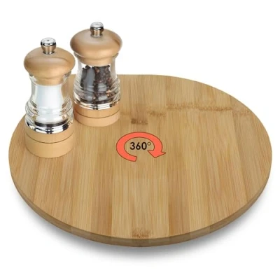 Afbeelding van Spetebo Bamboe serveerschaal draaibaar 33,5 cm draaiplateau voor kaas worst snacks houten bord serveerplank kruidenrondel taartplateau