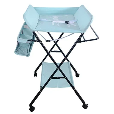 Afbeelding van Babyverschoontafel, opvouwbare commode, mobiele commode met aankleedkussen, veiligheidsgordel en opbergvakken (A, 74 * 63 92 98 CM/hemelsblauw)