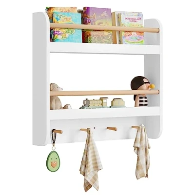 Afbeelding van WOLTU Kinderboekenkast, wandrek, kinderrek, speelgoedrek, opbergrek met 2 planken, 4 haken, rek voor boeken, speelgoed, kinderkamer, 60 x 55 12 cm, hout, MDF, wit