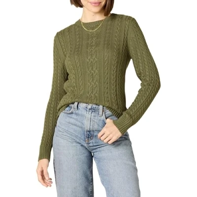 Afbeelding van Amazon Essentials Dames Fisherman Cable Lange Mouw Crewneck Sweater (Verkrijgbaar in Grote Maat), Olijf, Small