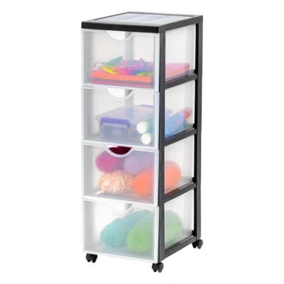 Afbeelding van Iris Ohyama, Toren, Ladekast, Kunststof opbergorganizer met ergonomisch handvat, 15L, 4 laden, wielen, BPA vrij, Kantoor, Slaapkamer, Woonkamer, DDDC 304, zwart