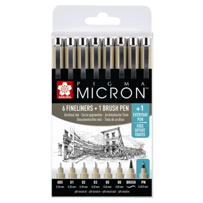 Afbeelding van Fineliner &amp; brush set Sakura Pigma Micron 7 + 1 PN gratis