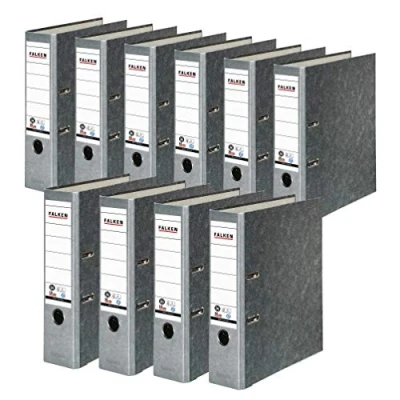 Afbeelding van FALKEN 10 stuks Recycling Ordners Wolkenmarmer. Gemaakt in Duitsland. 8 cm breed DIN A4 grijs rug ringband map briefomslag kantoormap kartonnen CO2 neutraal Blauwe Engel