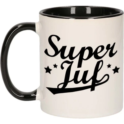 Afbeelding van Super juf mok / beker zwart wit 300 ml Cadeau mokken feest