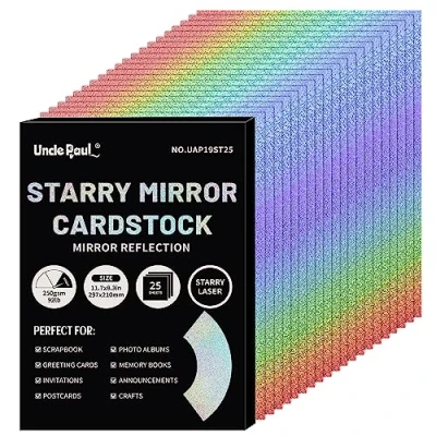 Afbeelding van Uncle Paul A4 Sterrenspiegel Cardstock Papier, 25 Vellen 250gsm/92Ib Glanzend Reflecterend Papier voor Ambachten, Kleur Laser Karton Verjaardag Bruiloft Decoratie UAP19ST25
