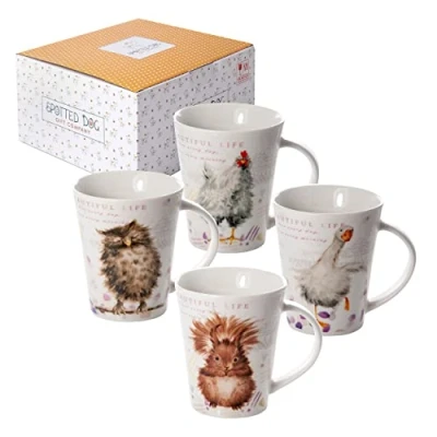 Afbeelding van SPOTTED DOG GIFT COMPANY Dier Koffiemokken Set van 4, Schattige Uil Kip Gans Eekhoorn Keramische Mokken Koffiekopjes Theekopjes, Cadeaus voor Dierenliefhebbers, 360ml / 12.2oz