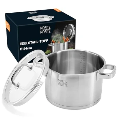 Afbeelding van Moritz &amp; Roestvrijstalen kookpan, 24 cm, met zeef in het deksel, geschikt voor alle warmtebronnen, schaal tot 6 l, geïntegreerde inductiepan soepen en stoofschotels