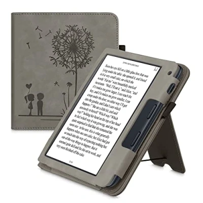 Afbeelding van kwmobile e reader hoesje compatibel met Kobo Libra 2 Ereader case van kunstleer Paardenbloemen Liefde in grijs