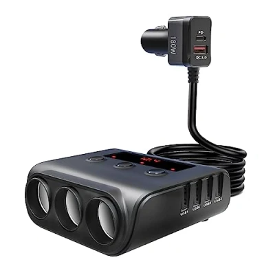 Afbeelding van YONGYAO 9in1 QC 3.0 auto oplader adapter voor sigarettenaansteker, 180W autolader 12V/24V USB C &amp; 6 poorten PD tablet/telefoon/GPS