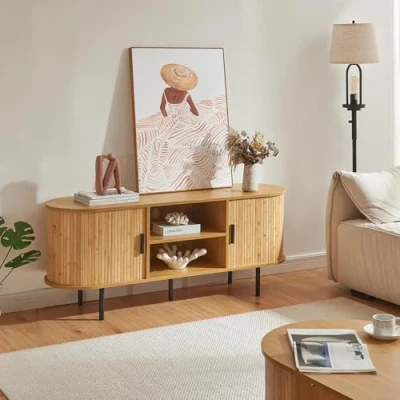Afbeelding van [en.casa] TV meubel Tvedestrand lowboard met 2 schuifdeuren en open vakken kast 140x40x55 cm bamboe metalen frame naturel zwart