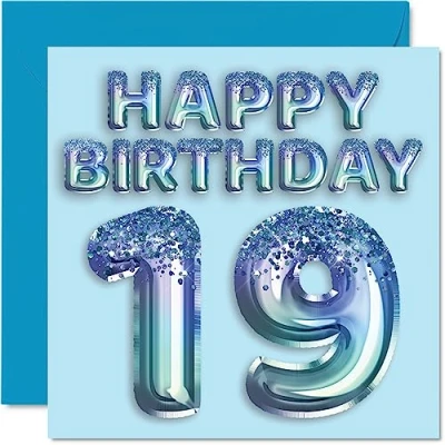 Afbeelding van 19e verjaardagskaart voor mannen blauwe glitter feestballon gelukkige verjaardagskaarten 19 jarige man broer zoon neef oom, 145 mm x negentien negentiende verjaardag wenskaarten cadeau