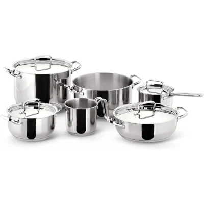 Afbeelding van Lagostina SFIZIOSA ACCIAIO 10 delig (hoge kookpan 22 cm + 18/22 hapjespan 24 steelpan 14 melkpot 12 deksels 14/18/22/24 cm)
