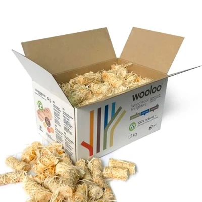 Afbeelding van wooloo Natuurlijke aanmaakwol, 150 stuks, 1,5 kg, ecologische aanmaakblokjes houtwol voor houtkachels, pizzaovens, open vuur, en barbecue echt
