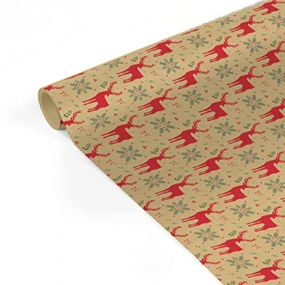Afbeelding van Clairefontaine 223884C 1 rol papier kraftpapier 70 g 100% gerecycled 5 m x 35 cm (speciale kleine breedte) motief: rood rendier geschenkverpakking, ideaal voor verpakkingen