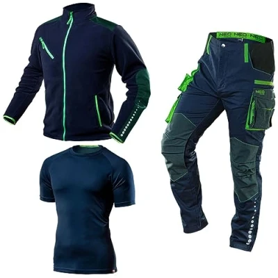 Afbeelding van NEO TOOLS Werkbroek + fleece werkjas werk T shirt Premium werkkleding voor heren maat S 3XL hoogwaardige, duurzame werkkleding, set (broek, jas, shirt) blauw,
