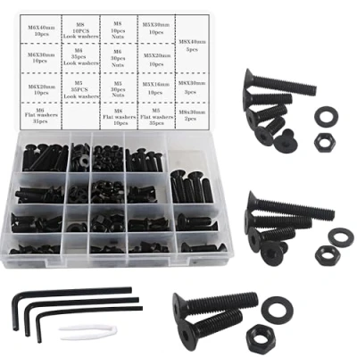 Afbeelding van huruirui M5, M6 en M8 Schroevenset met bouten moeren, zwart Hex Socket Head Cap, schroeven moerenset, Machinedraadbouten gereedschapsset, assortiment, 310 stukken