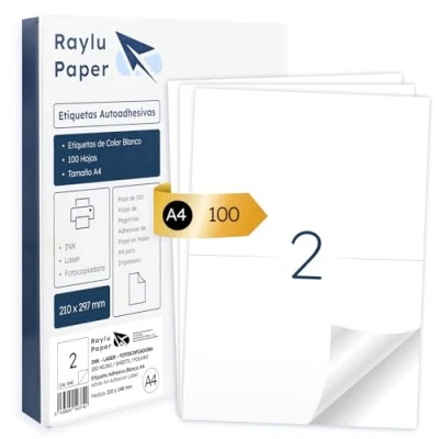 Afbeelding van Raylu Paper ® zelfklevende witte etiketten om af te drukken, papieren stickers op A4 vellen voor inkjetprinters, laser en fotokopieerapparaat, 2 per vel (210 x 148 mm)