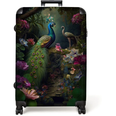 Afbeelding van NoBoringSuitcases.com® Koffer groot Reiskoffer lichtgewicht Pauw Bloemen Vogels Jungle Rolkoffer met 4 wielen Grote trolley XL 98 liter bagage