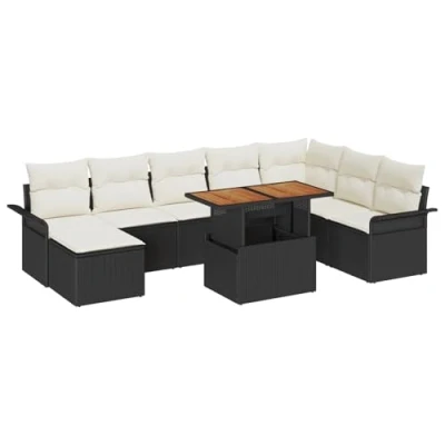 Afbeelding van vidaXL 9 delige tuinsofa set met kussens Zwart Poly Rattan, 2 zits opslag &amp; Rattan