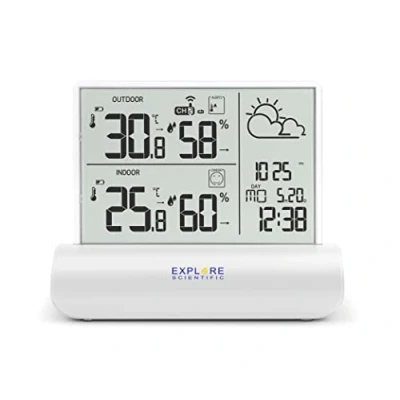 Afbeelding van Explore Scientific WSH4501 Weerstation met helder glazen display, luchtdruk, temperatuur en luchtvochtigheid binnen buiten, inclusief sensor, wit