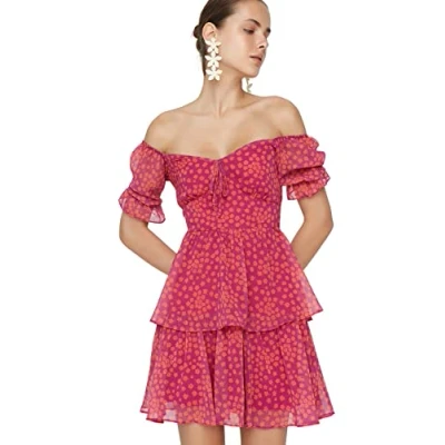 Afbeelding van Trendyol Meerkleurige Gebloemde Rok Volantschaatser/Tailleopening Chiffon Mini Gevoerde Geweven Jurk Twoss22El2772