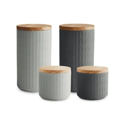 Afbeelding van Keramische voorraadpotten met houten deksel nevelige Cliff, rubber hout opslagcontainers, levensmiddelen opslagcontainers 4 delig reeks