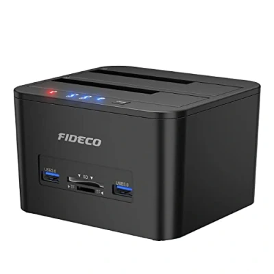Afbeelding van FIDECO Harde Schijf Docking Station, USB 3.0 SATA Externe voor 2,5 en 3,5 inch HDD of SSD, Ondersteuning Offline Kloon, TF SD Kaartlezer 2x 18TB Schijven