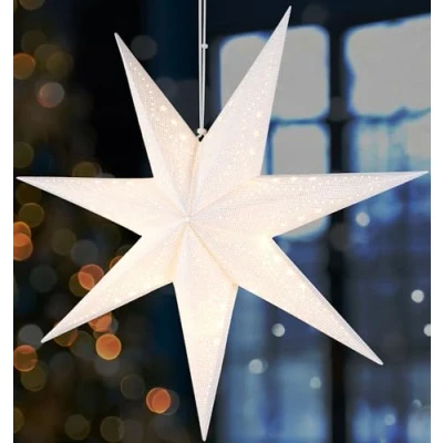 Afbeelding van BRUBAKER 3D Hangende Kerstster Raampapier Ster met E14 Voet 60 cm Advent Decopatroon Kerst Lichtster Set 3,5 m Kabel Ophangen Wit