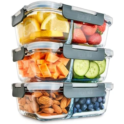 Afbeelding van Igluu Glazen Meal Prep Containers met 2 Compartimenten en Luchtdichte Kliksluiting Deksels Portie Controle Voedsel Vershoudbak BPA Vrij Magnetron, Vriezer Vaatwasserbestendig [3 Stuks]
